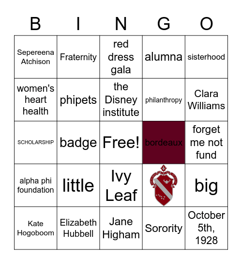 Alpha Phi Bingo Card