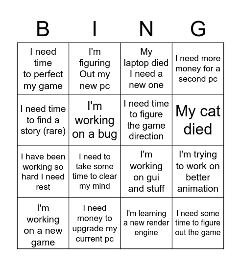 F95 dev excuses bingo! Bingo Card