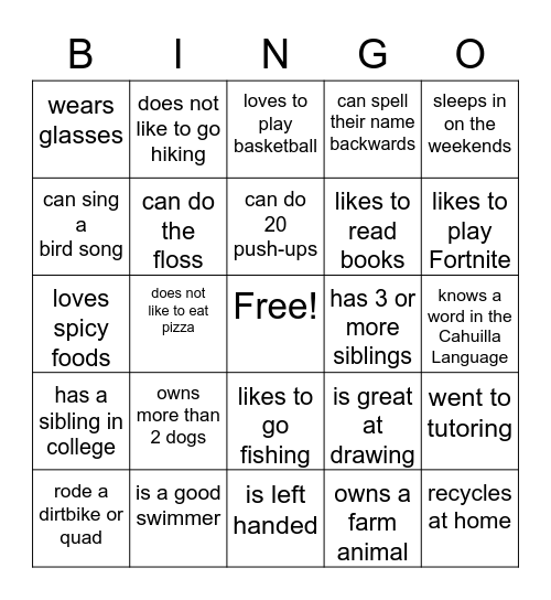 Get to know you! - Summer Program Bingo Card