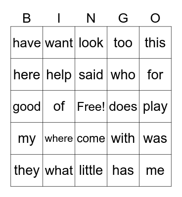 Kindergarten Sight Words Bingo Card