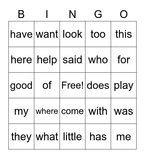 Kindergarten Sight Words Bingo Card