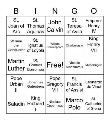 Middle Ages People Bingo Card