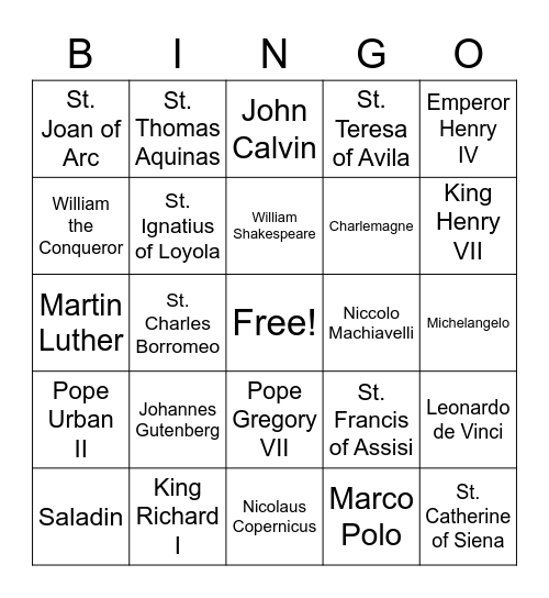 Middle Ages People Bingo Card