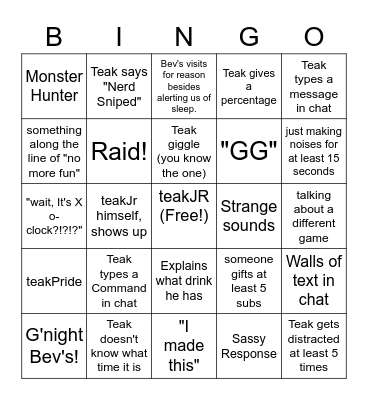 Teak Bingo Card