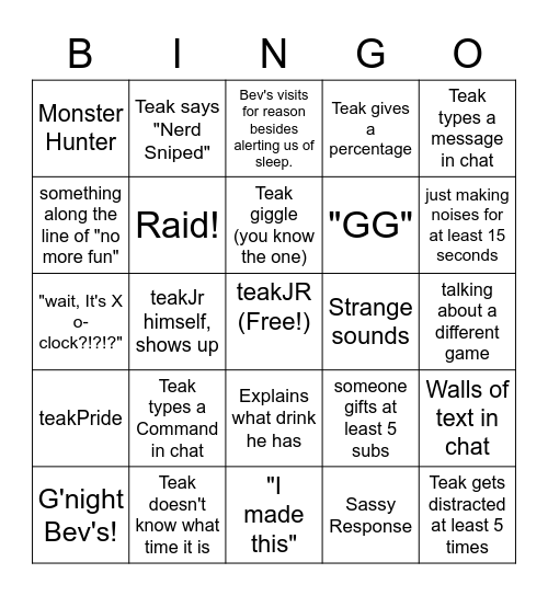 Teak Bingo Card