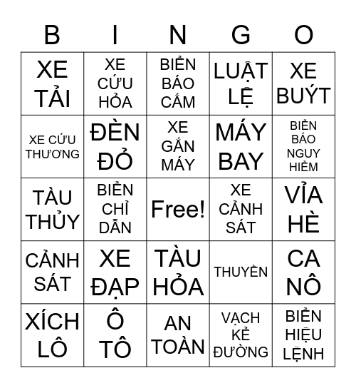 GIAO THÔNG Bingo Card