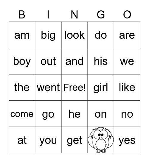 Bird Sight Words Bingo Card