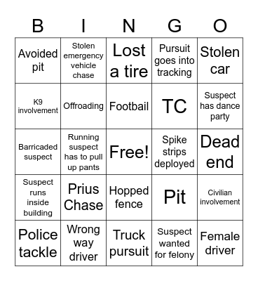 High Speed Chase Bingo Card