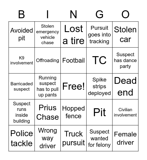 High Speed Chase Bingo Card