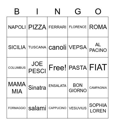 Italian American Bingo Card
