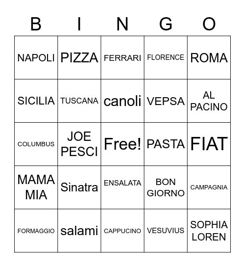 Italian American Bingo Card