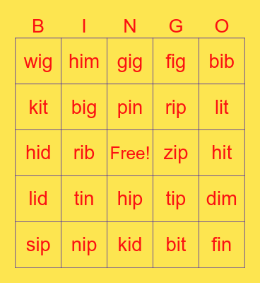Short "i" Bingo Card