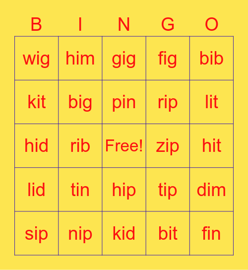 Short "i" Bingo Card