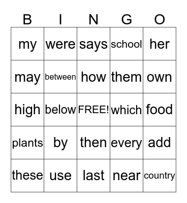 Words 1-212 Bingo Card