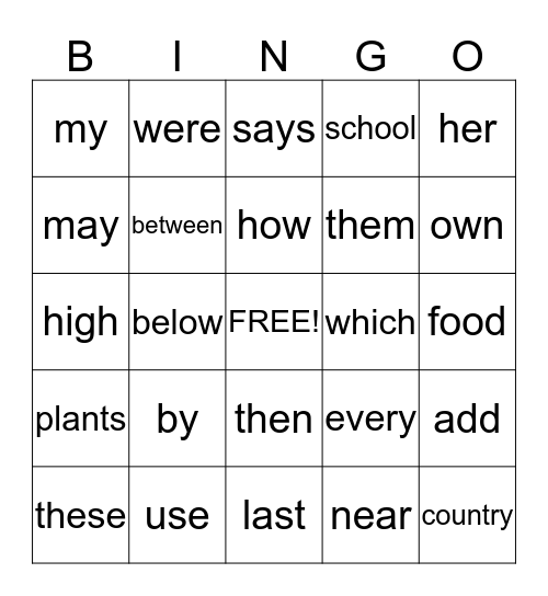 Words 1-212 Bingo Card