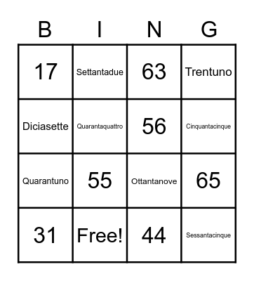 i numeri in italiano Bingo Card