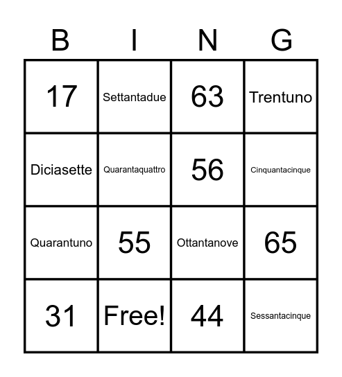 i numeri in italiano Bingo Card