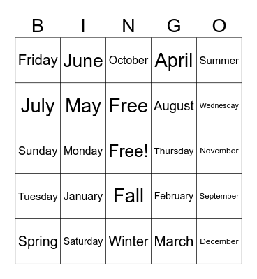 days months seasons Bingo Card