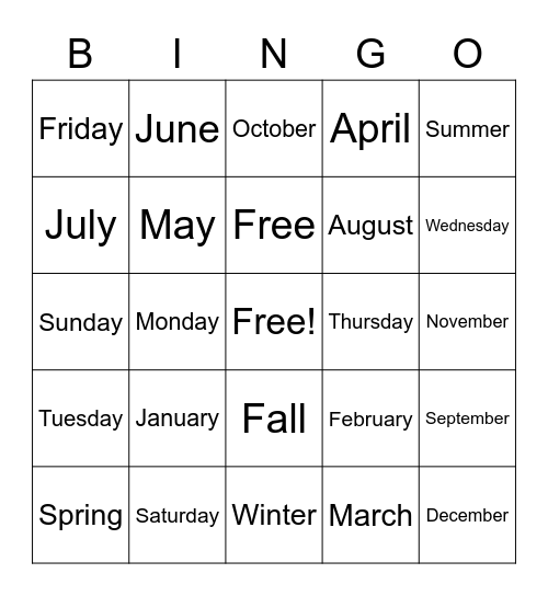 days months seasons Bingo Card