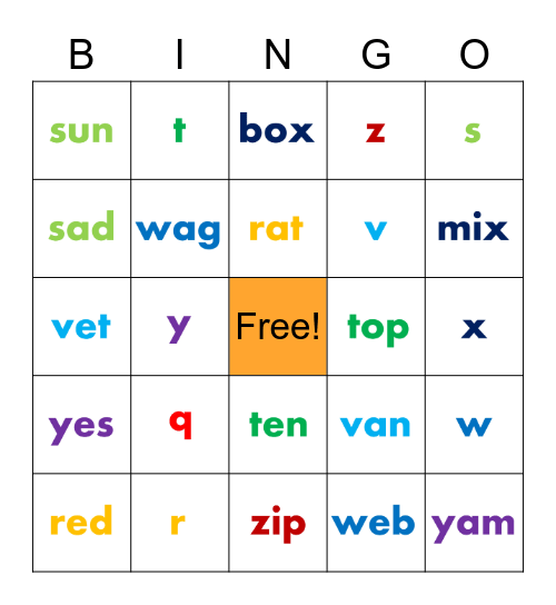 Q- Z Letter Sounds Bingo Card
