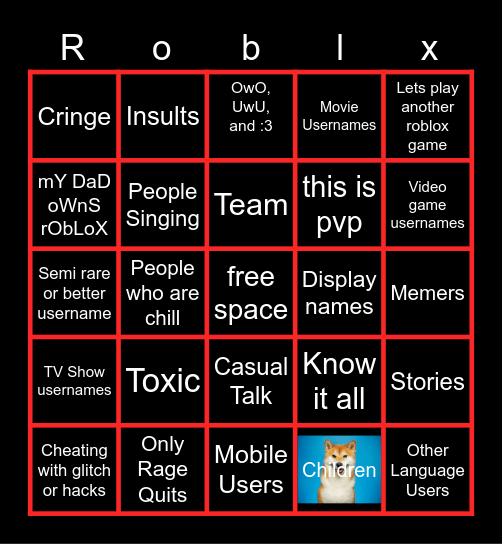 Toxic Roblox Bingo Card