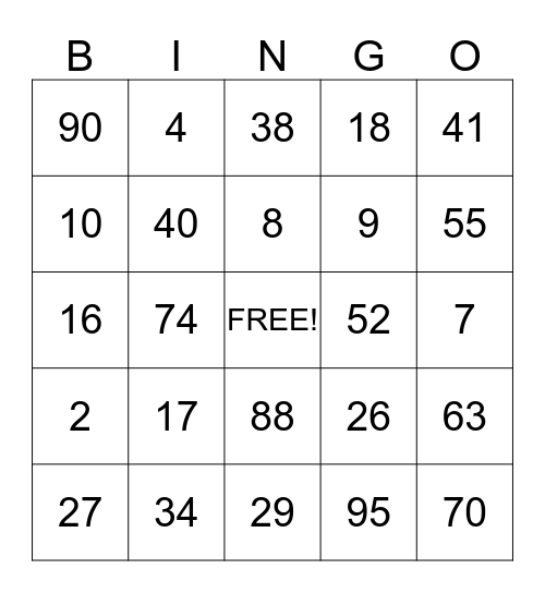 Number Bingo Card