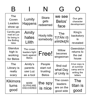 TOH S2 Predictions Bingo Card