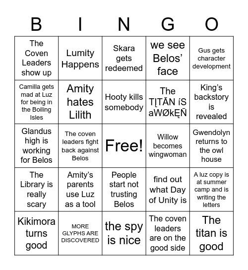 TOH S2 Predictions Bingo Card