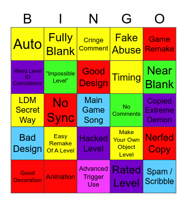 Geometry Dash Recent Tab Bingo Card