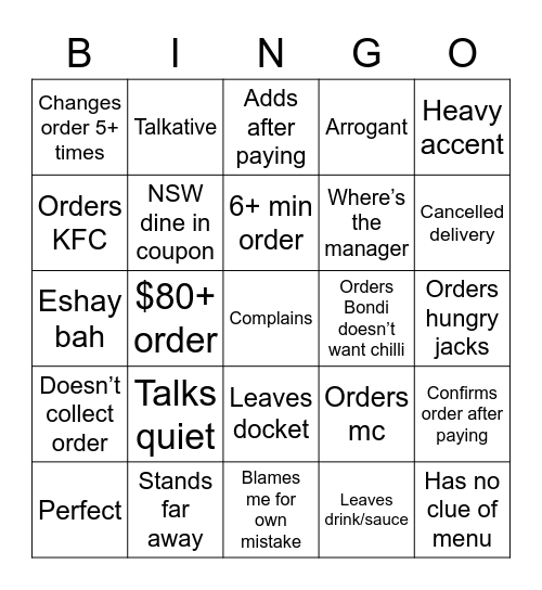 Customers Bingo Card