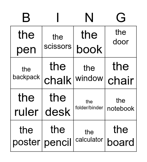 French classroom vocab Bingo Card