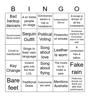 Eurovision 2021 Bingo Card