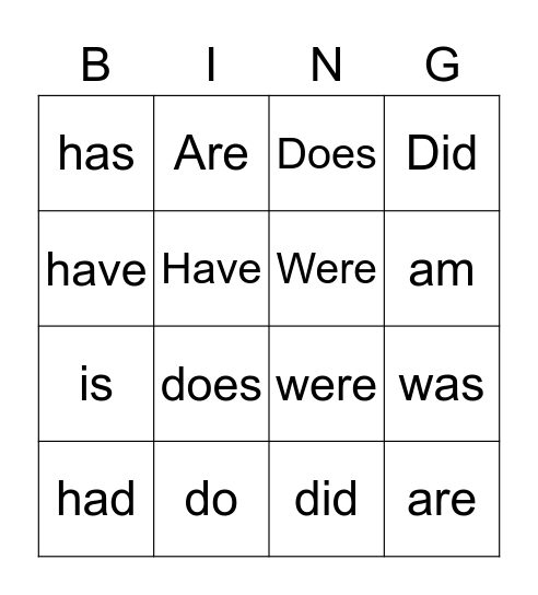 Verb Bingo Card