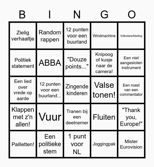 Eurovision Bingo 2021 Bingo Card