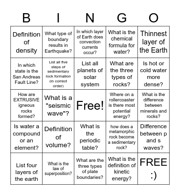 7th grade science Bingo Card