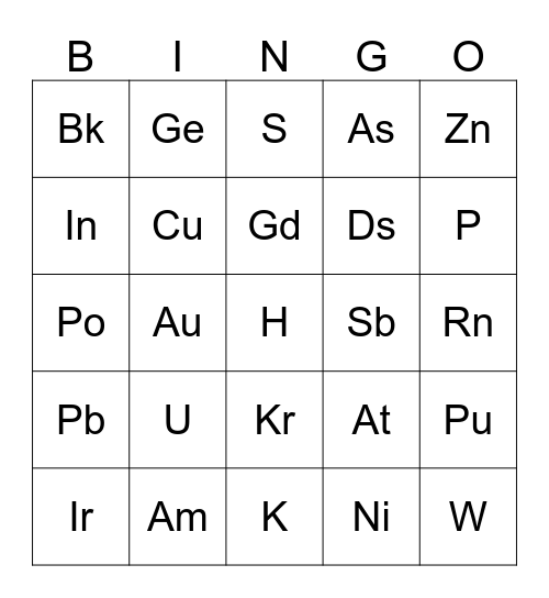 science bingo Card