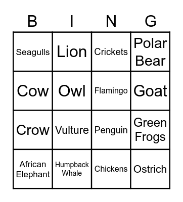 Animal Sounds Bingo Card