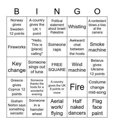 Eurovision Bingo Card