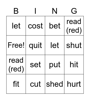 Verbs that stay the same in the past Bingo Card
