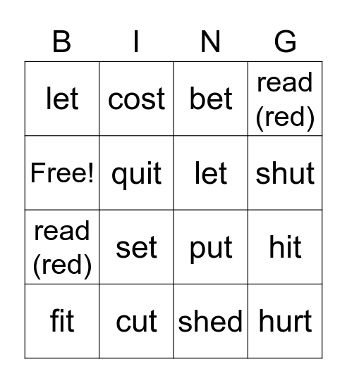 Verbs that stay the same in the past Bingo Card