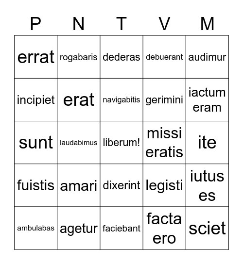 Latin Parsing BINGO Card