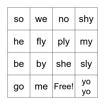 Open Syllable Bingo Card