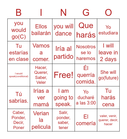 Future/Conditional Bingo Card