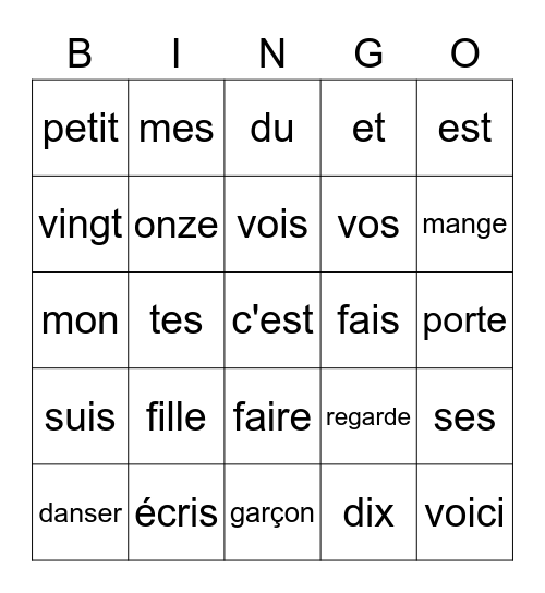 Les mots frequents Bingo Card