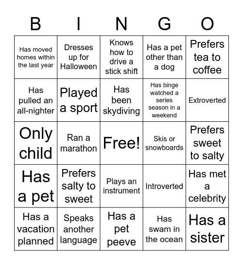 Getting to Know You Bingo Card