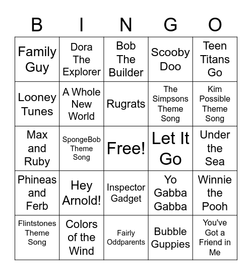 Music Bingo: Cartoons! Bingo Card