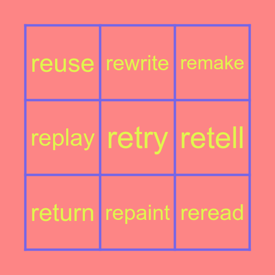 Prefix RE Bingo Card