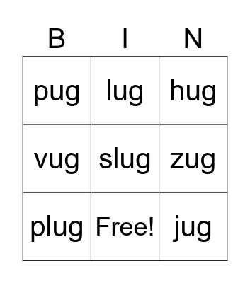 -ug word family Bingo Card
