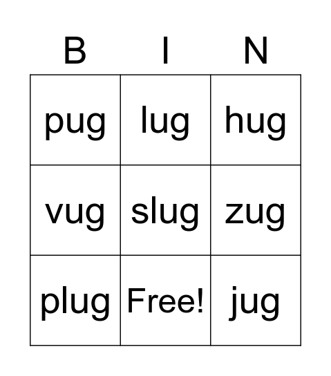 -ug word family Bingo Card