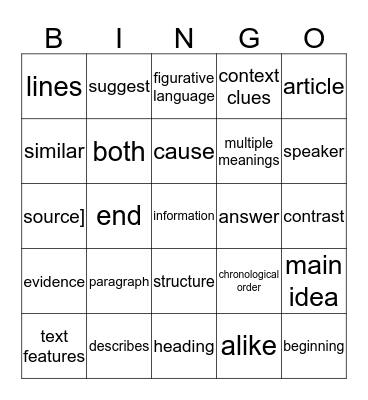 Reading Information Vocabulary Bingo Card